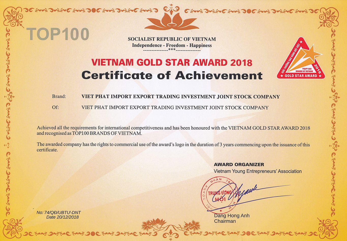 VIET PHAT GROUP – TOP 100 BRANDS OF VIETNAM – VIETNAM GOLD STAR AWARD 2018